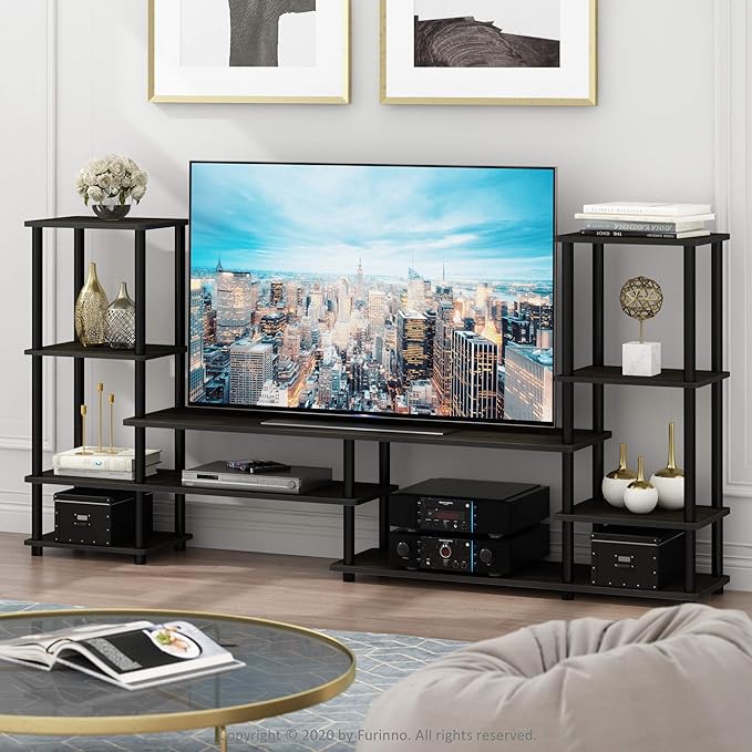 Furinno TURN-N-TUBE TV Stand Wide Open Frame Entertainment Center with Open Shelves Storage TV Console with Tall Side Shelves for TV up to 48 Inch for Living Room Bedroom Espresso