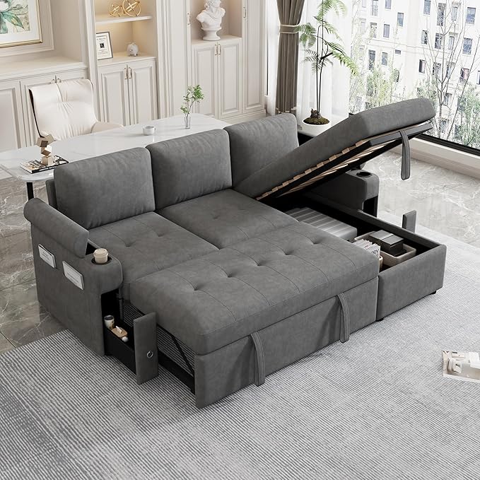 Versatile L-Shaped Sofa Couch Convertible Sofa Bed Chenille Fabric Sectional Sofa with Reversible Chaise Lounge Storage Space 2 Cup Holders and Two USB Ports for Living Room (Gray-2C)