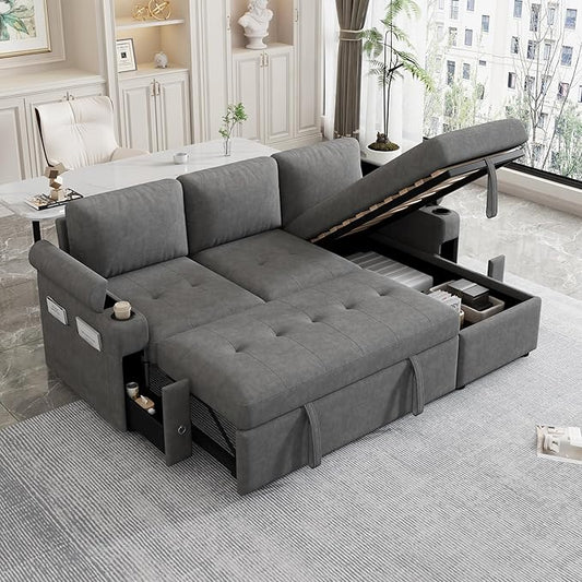Versatile L-Shaped Sofa Couch Convertible Sofa Bed Chenille Fabric Sectional Sofa with Reversible Chaise Lounge Storage Space 2 Cup Holders and Two USB Ports for Living Room (Gray-2C)
