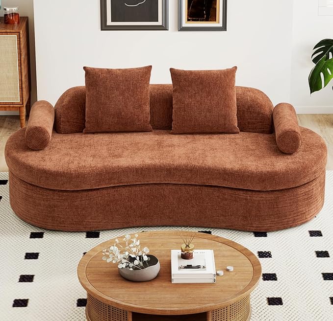 AVZEAR 78 Curved Loveseat Sofa Chenille Upholstered 2 Seater Couch for Living Room No Assembly Modern Love Seat Cloud Sofa with 2 Bolster Pillows &amp 2 Square Pillows High-Density Foam Orange