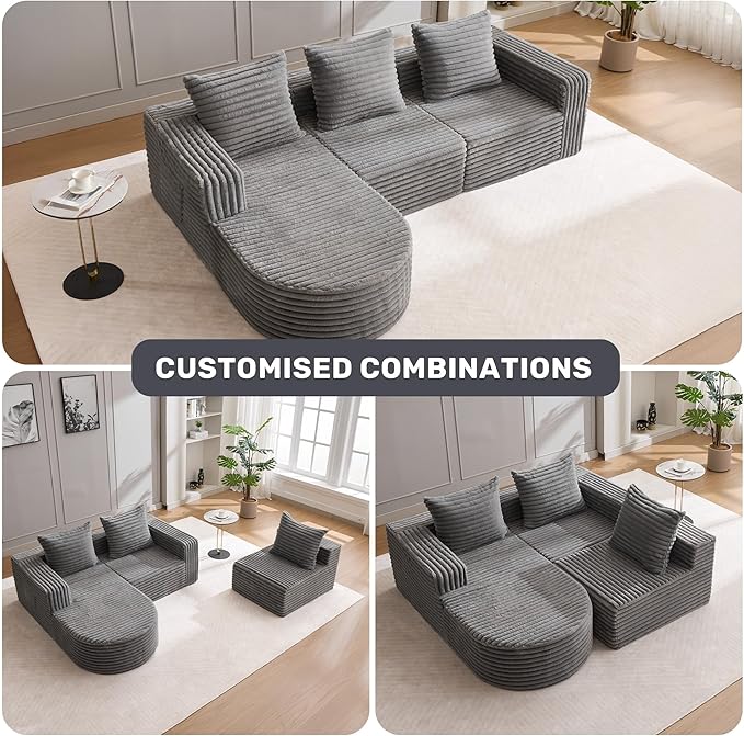 Boneless Cloud Couch Modular Sectional Sofa L-Shape with Chaise 102 Soft Faux Fur Deep Seat &amp 3 Pillows &amp 2 Side Pockets for Living Room Bedroom (Gray Left Chaise)