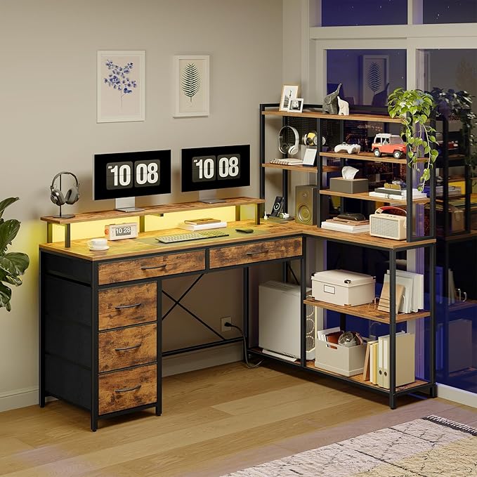 L Shaped Computer Desk with Drawers 53'' Gaming Desk with Storage Shelves Corner Computer Desk with Power Outlets &amp LED Light Home Office Desk with Monitor Stand and Pegboard Rustic Brown