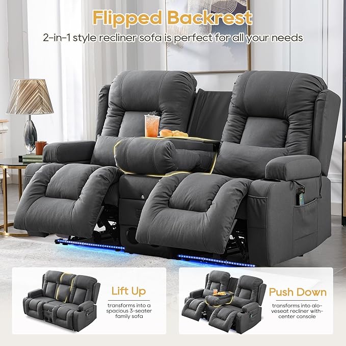 IPKIG Power Loveseat Recliner Sofa with Flip-Up Backrest Console Drawer AC Outlet LED Light Wall Hugger Recliners for Living Room RV Home Theater (Grey Loveseat)