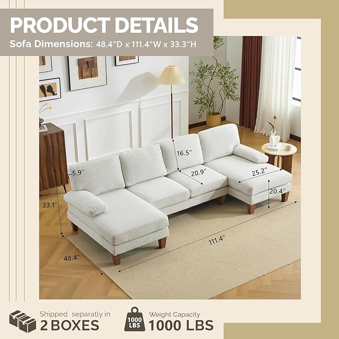 VINGLI 110' U-Shaped Sectional Couch with Two Chaise Affordable Small Sofa with 4 Seats Chenille Fabric Comfy Couches for Living Room Beige