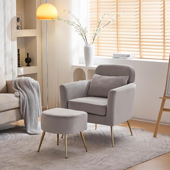Accent Chair Light Gray Chair with Ottoman Comfy ArmChair Footrest Set Comfortable Living Room Chairs Club Tub Sofa Chair for Reading Room Lazy Chair with Ottoman Accent Lounge Chair with Footstool