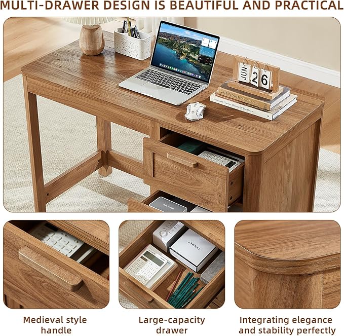 Office Desk 48 with 3 Drawers Storage File Cabinet Wood Farmhouse Desk for Computer Office Bedroom Home Furniture Brown