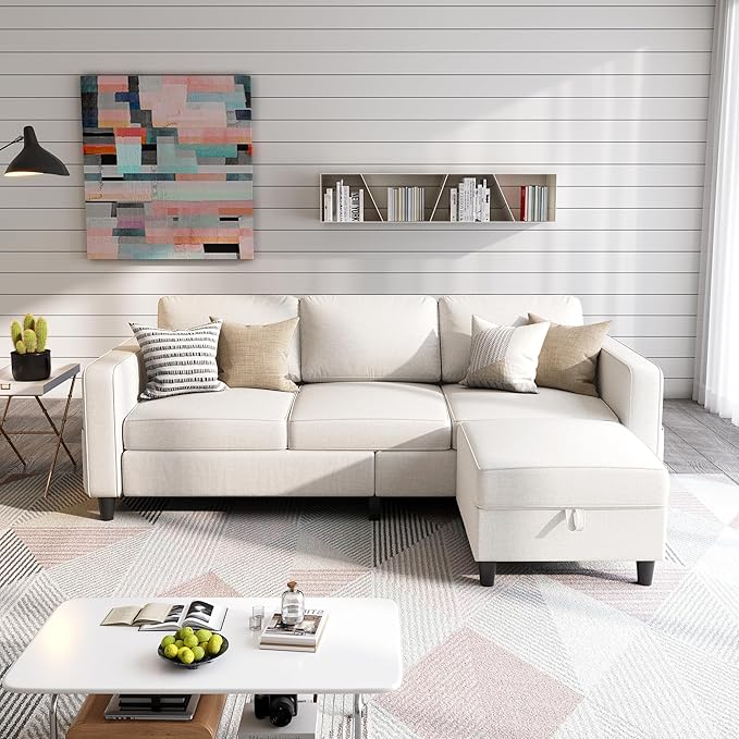 Sectional Sofas Couches for Living Room L-Shaped Couch with Ottoman | 3 Seats Storage Sofa Modern Linen Beige 78“ Small Couch Removable Ottoman