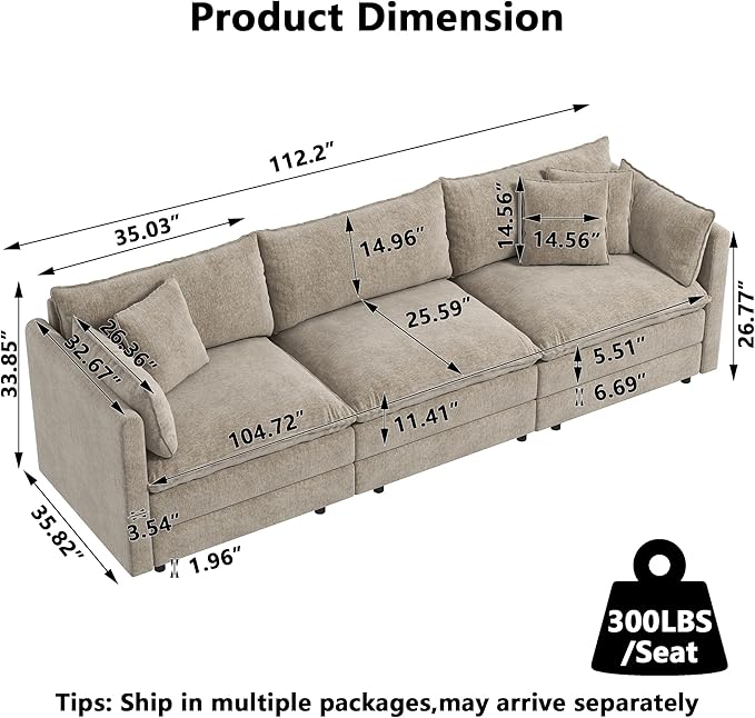 Aoowow Modular Sectional Sofa112.2 Inch Modern Deep 3-Seater Sofas Comfy Chenille Cloud Sofas and Couches with Pillows for Living Room Apartment（Camel）