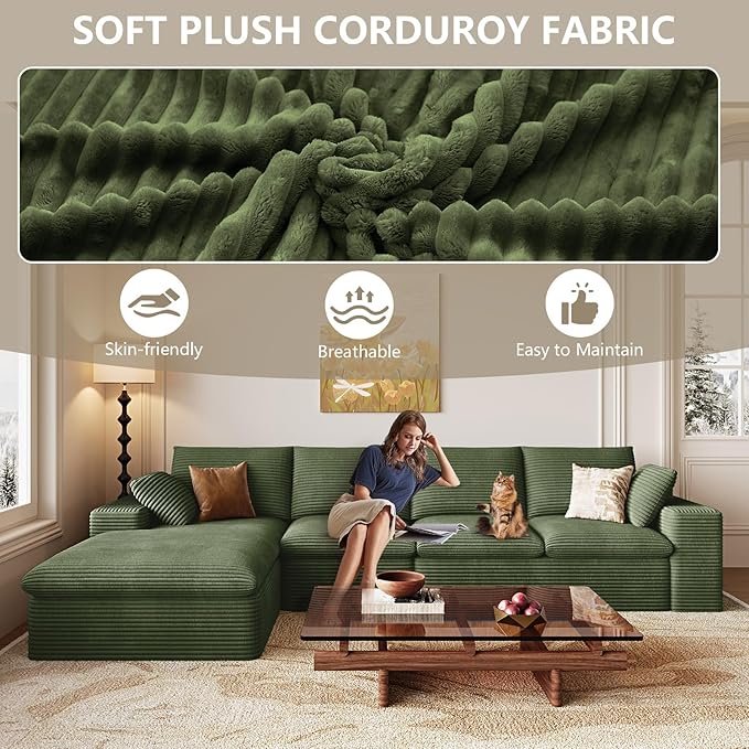 136 Cloud Couch Modular Sectional Couchs with Chaise Lounge L-Shape Boneless Couches for Living Room Corduroy Sofa with Deep Seat No Assembly Required (Green Left Facing Chaise)