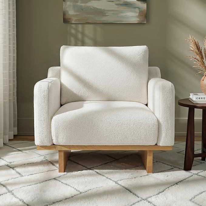 Modern Accent Chair with Solid Wood Frame and Base Upholstered Single Sofa with Soft Seat Cushion and Back Pillow Spacious Design Perfect for Living Room Bedroom and Study (White/40)