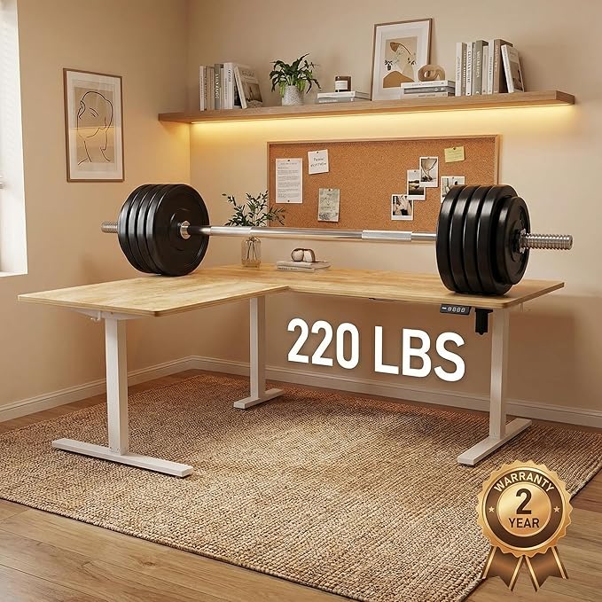 Grandder 63 x 55 Inch L Shaped Standing Desk Electric Height Adjustable Corner Stand Up Desk Sit Stand Corner Table Home Office Table Oak Top White Frame