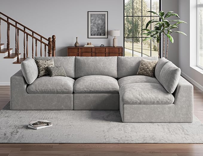 120 Cloud Sectional Couch | Oversize Boneless Couches for Living Room | 4 Seater L-Shape Sofa | Light Grey