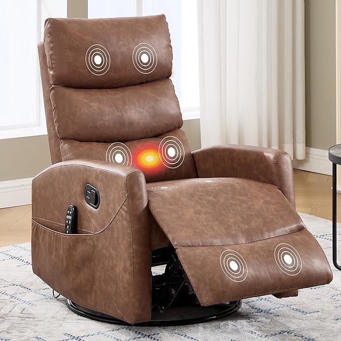 Manual Swivel Rocker Recliner Chair for Adults Overstuffed Reclining Glider Chair for Nursing with Vibration Massage &amp Heat Living Room Rocking Recliner 3-Stage backrest Faux Leather Yellow Bro