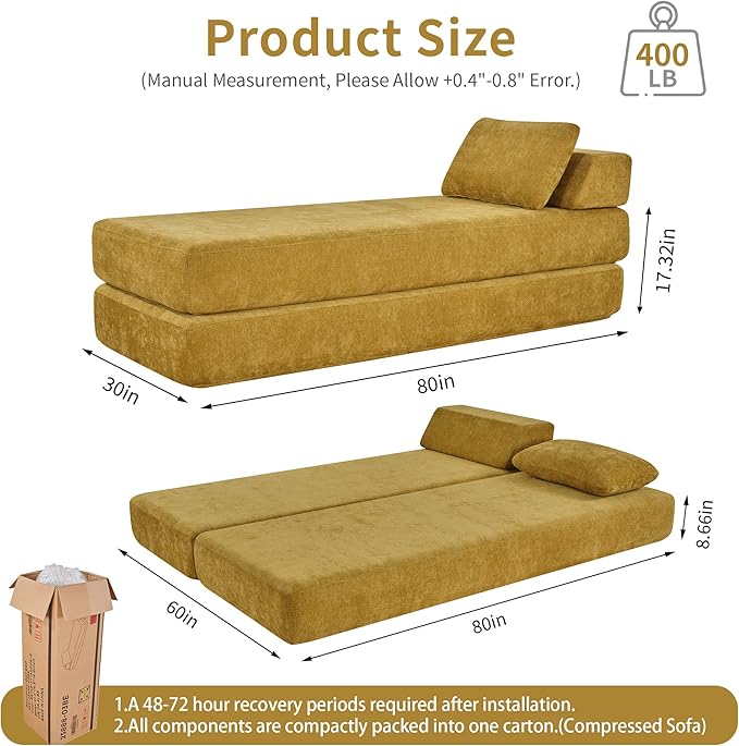 Convertible Chaise Lounge Chair Indoor Boneless Cloud Couch with 2 Pillows Sleeper Sofa for Living Room Bedroom Reading Nook- No Need Assembly (Yellow)