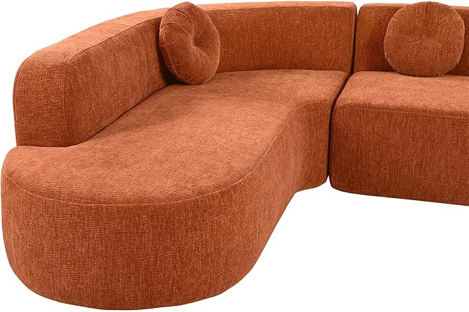 LUMISOL Curved DesignSectional Sofa Couch with 3 Round Cushions 122''L Foam-Filled Compressed Couch for Living Room 2-Piece Modular Chenille Floor Sofa No Assembly Required Orange