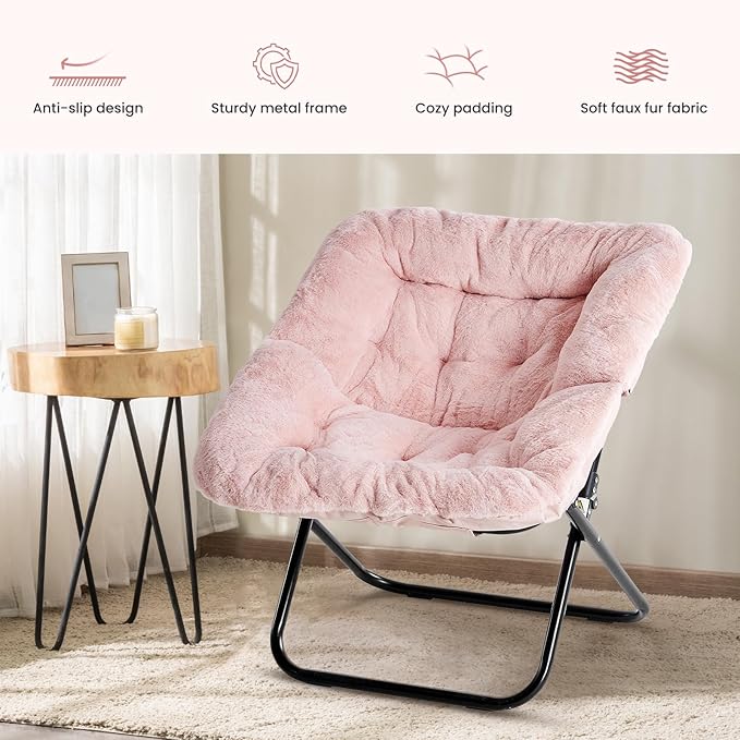 Simple Deluxe Oversized Square Moon Chair for Adults Soft Faux Fur Folding Lounge Chair with Sturdy Steel Frame Comfortable Reading Gaming Chair for Living Room Bedroom Pink