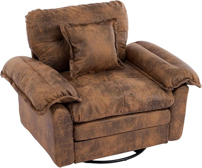 360° Swivel Accent Chair Oversized Plush Modern Suede Armchair with Padded Seat &amp Back Comfy Spinning Chair for Living Room Bedroom Office (Brown)