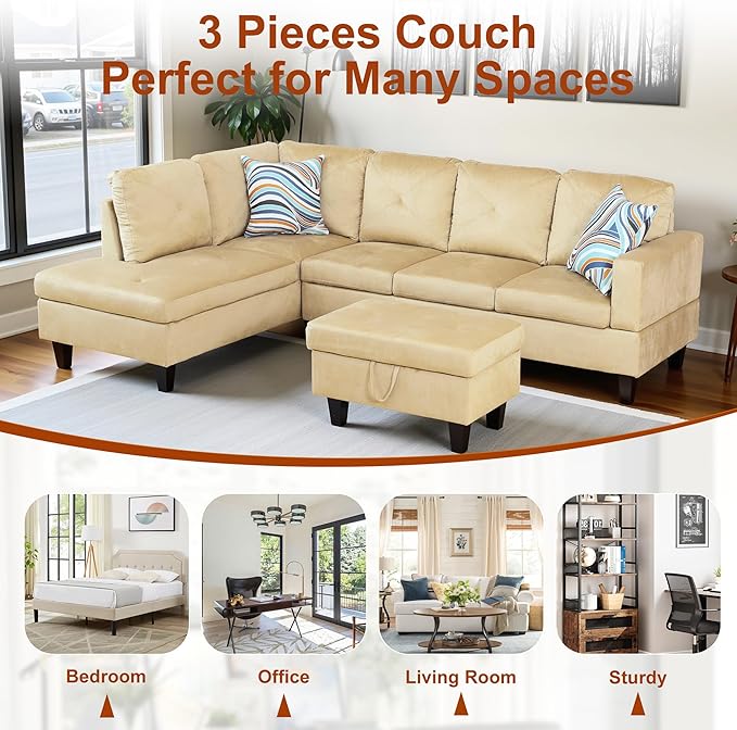 L Shaped Couch Sectional Couches for Living Room Upholstered Microfiber 3 Pieces Modular Sectional Sofa with Chaise Ottoman with Storage for Living Room and Small Apartment Beige