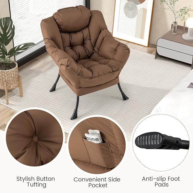 Single Lazy Sofa Chair w/Foldable Ottoman Modern Lounge Chair Indoor w/Armrest &amp Side Storage Pocket Upholstered Comfy Reading Chair for Bedroom Living Room Office