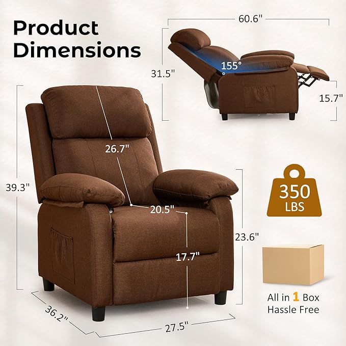 Recliner Chair Reading Chair for Adults with Side Pockets Recliners with Padded Deep Seat Small Recliners for Small Spaces Linen Fabric Comfy Chair for Bedroom Living Room and RV