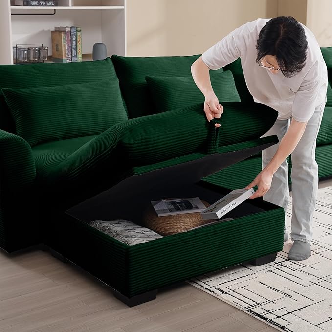 Corduroy Square Storage Ottoman with Removable Cushions 36.6 Inch Corduroy Fabric Cloud Ottoman Footrest for Modular Sofa Living Room Furniture Easy Assembly Green