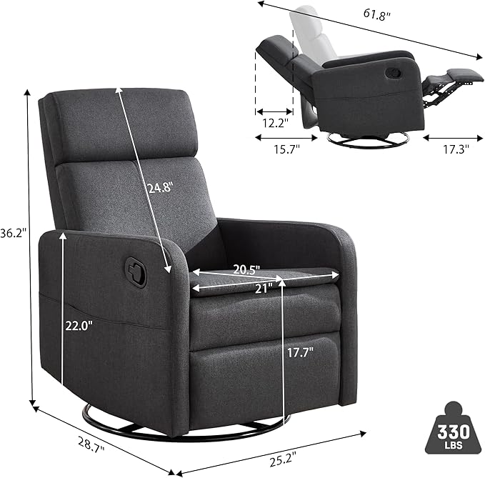 Swivel Rocking Recliner Chair for Adults Rocker Nursery Glider Chair for Living Room Bedroom Upholstered Fabric Reclining Single Sofa Chair(Grey)