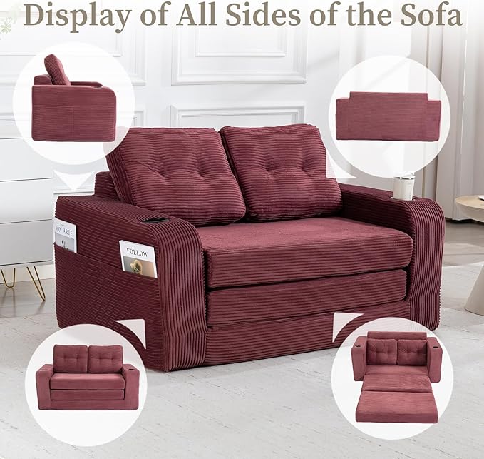 54 Convertible Sofa Bed 2-in-1 Boneless Sleeper Sofa with Cup Holder &amp Pocket Corduroy Pull Out Couch with 5 Pillows Couch Bed for Living Room Small Spaces Bedroom No Assembly