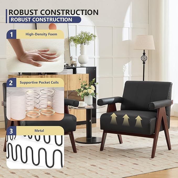 AODAILIHB Black Leather Accent ChairMid Century Modern Accent Chair Solid Wood Frame Black Leather Armchair Modern Reading &amp Living Room Chair for Office Guest &amp Waiting Room
