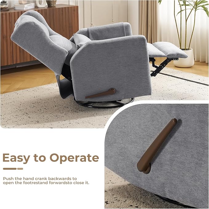 Swivel Rocker Recliner Chair Glider Rocker Recliner with Adjustable Headrest Nursery Rocking ChairManual Recliner with Side Pockets for Living Room &amp BedroomGrey
