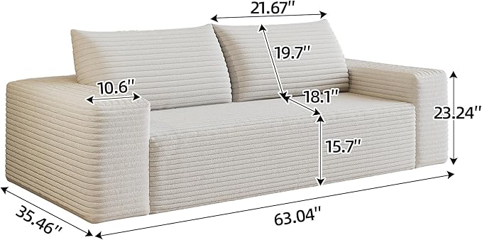 63 Cloud Loveseat Sofa Couch No Assembly Required 2 Seater Foam Floor Couches Modern Apartment Deep Seat Sofas with Corduroy FabricSmall Love SeatWhite