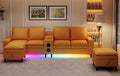 120 Sectional Couches for Living Room 6 Seater Sectional Sofas with Bluetooth Speaker &amp LED Light Modern Teddy Fleece U Shaped Sofa Couch with Storage/Charging Ports/Cup Holder (Yellow Couch)
