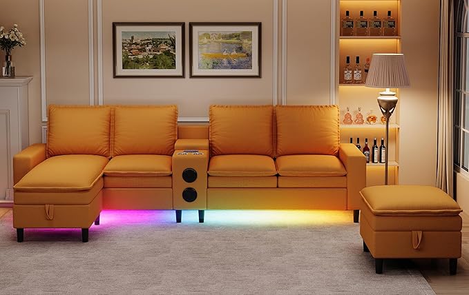 120 Sectional Couches for Living Room 6 Seater Sectional Sofas with Bluetooth Speaker &amp LED Light Modern Teddy Fleece U Shaped Sofa Couch with Storage/Charging Ports/Cup Holder (Yellow Couch)