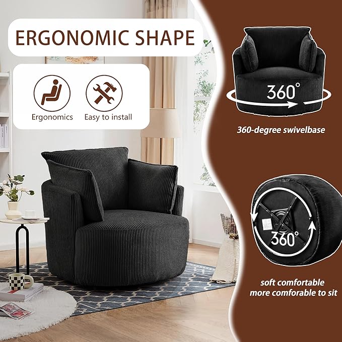 Swivel Accent Chair Comfy Reading Chairs for Bedroom Modern Corduroy Armchair 360°Swivel Barrel Chairs for Living RoomApartment (Black Chair Without Ottoman)