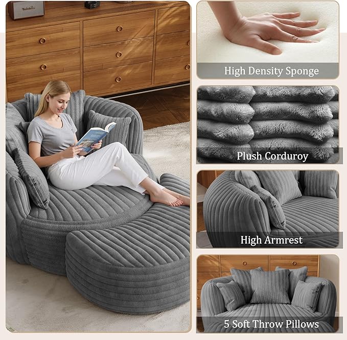50 Oversized Chaise Lounge Indoor Round Reading Chair Lounge Chair with Ottoman Boneless Sofa Bed Large Fluffy Plush Corduroy Chaise Chair for Living Room Playroom Bedroom Grey