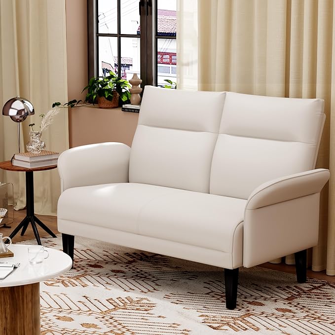 Yongchuang Small Couch 46 Beige Faux Leather Loveseat Sofa for Living Room Bedroom Love Seat Mini Couch with Arm Rest