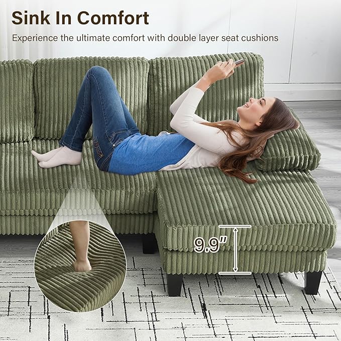 114.2 U-Shaped Sectional Sofa for Living Room Corduroy U-Shaped Couch with Double Chaises 4-Seater Comfy Cloud Sofa for Home Furniture Office &amp Small Space (Green)