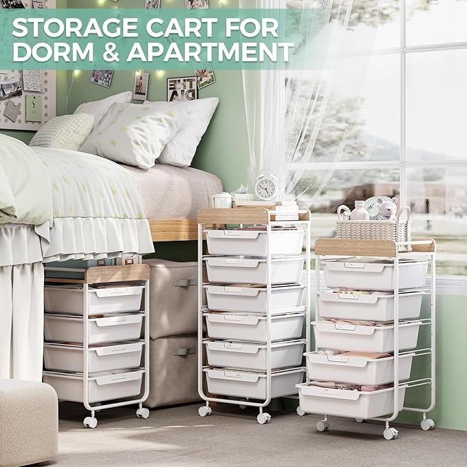 Rolling Storage Utility Cart with 4 DrawersKids Craft Art CartMakeup Organizer and Storage with Wooden TabletopWhite