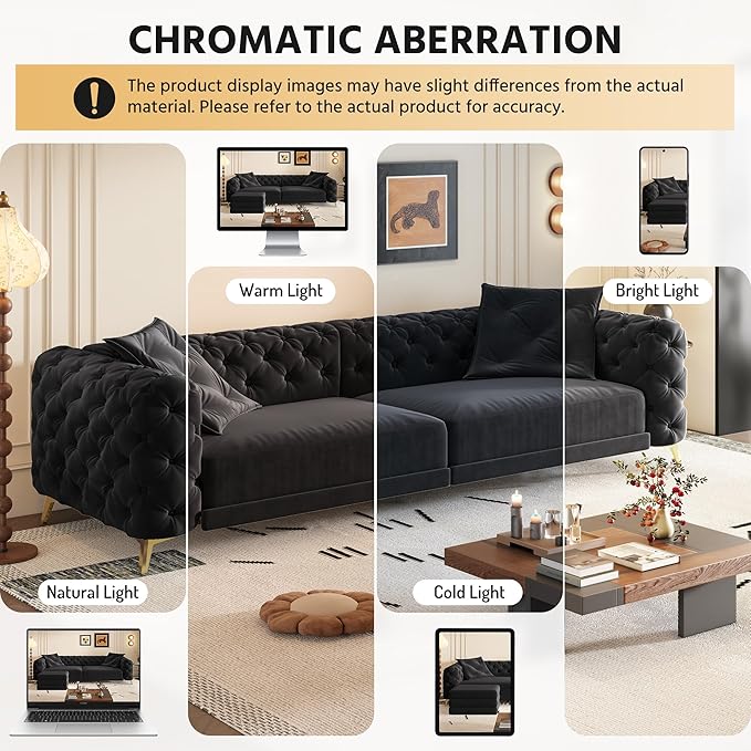 97.7 King Pull Out Sofa Bed Velvet Chesterfield Sleeper Sofa Couch 3 in 1 Convertible Tufted Futon Couches with Ottoman for Living Room Small Space Apartment Office Bedroom Black