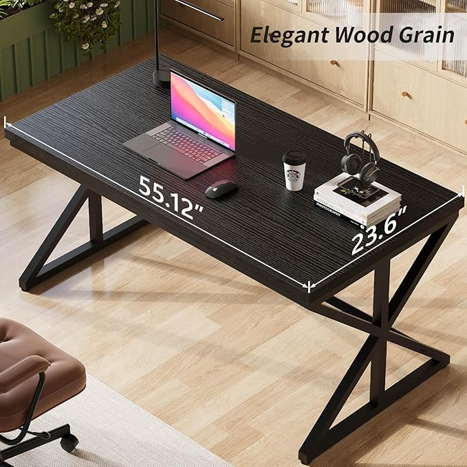 IBF 55 Inch Black Home Office Desks Modern Computer Desk for Writing Study Wood Metal Simple Gaming Work Table for Bedroom Industrial Wooden Pc Workstation Executive Desk Black Oak