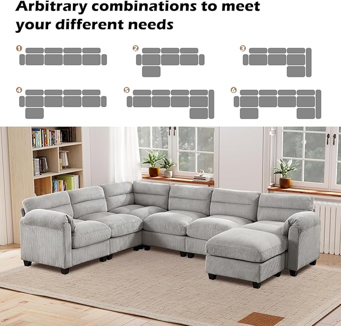CANMOV Modular Sectional Sofa Corduroy 4-Seater Couches with Thick Cushion for Living Room Grey