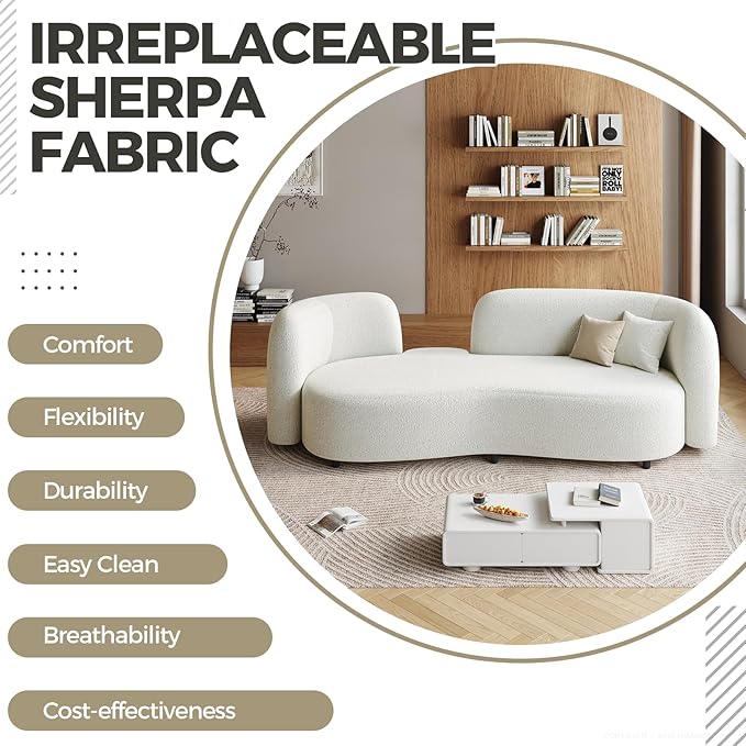 Sherpa Curved Loveseat Sofa Modern Upholstered Couch with Solid Wood Frame Thick Foam Cushion Compact Comfy Sofa for Apartment Living Room or Office – Ivory White