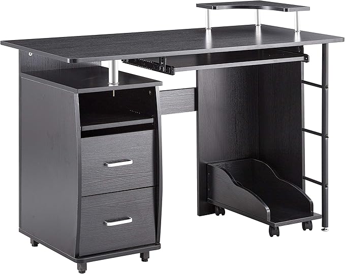 Computer Desk with 2 Storage Drawers Home Office Desk Writing Study Desk Storage Shelves and File Cabinet CPU Tray Black