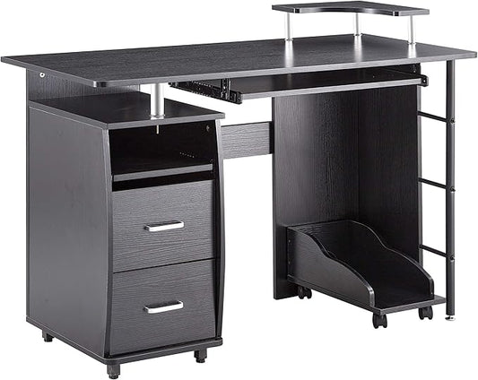 Computer Desk with 2 Storage Drawers Home Office Desk Writing Study Desk Storage Shelves and File Cabinet CPU Tray Black
