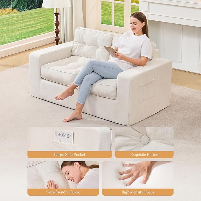 Hobestluk Sofa Couch Loveseat Sofa with Chenille Fabric 2-Seater Sofa for Small Spaces Comfortable Foam Floor Sofa 2 in 1 Boneless Couch for Living Room Bedroom Apartment or Office (Beige Loveseat)
