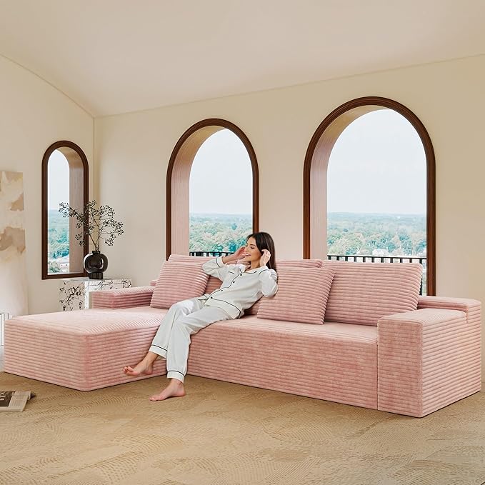 104'' Corduroy Boneless Couch for Living Room Modular Cloud Sectional Couches with Deep Seat Comfy Fluffy Sofas with L-Shaped ChaiseNo Assembly Required2PC Free Combination (Pink)