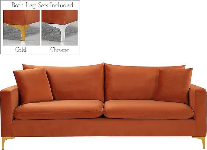 Meridian Furniture 633Cognac-S Naomi Collection Modern | Contemporary Velvet Upholstered Sofa with Deep Channel Tufting and Rich Gold Stainless Steel Legs Cognac 81.5 W x 33.5 D x 30 H