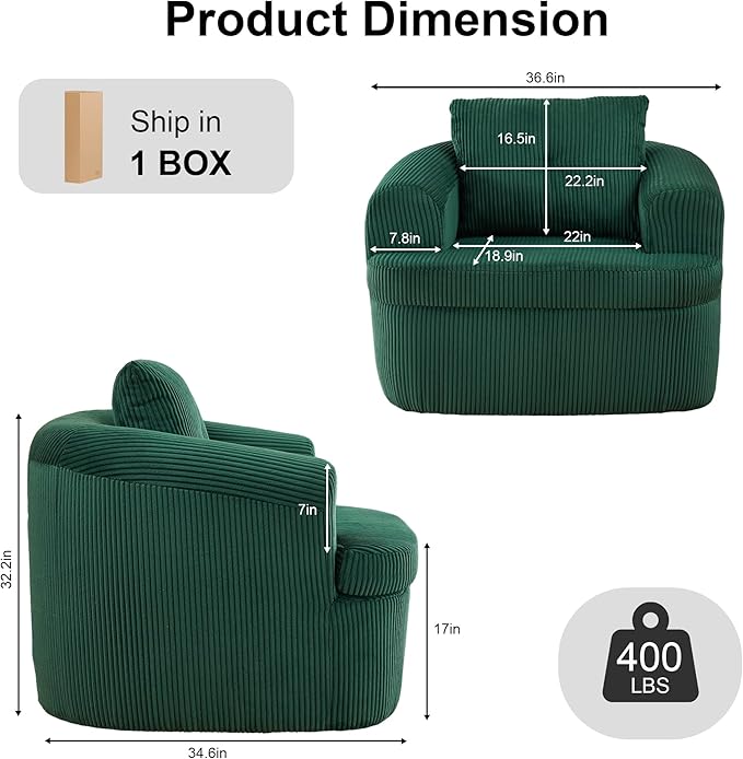 36.6 Swivel Accent Chair 360 Degree Oversized Swivel Barrel Chair for Living Room Modern Corduroy Upholstered Accent Armchair Comfy Boneless Sofa Chair for Bedroom Green