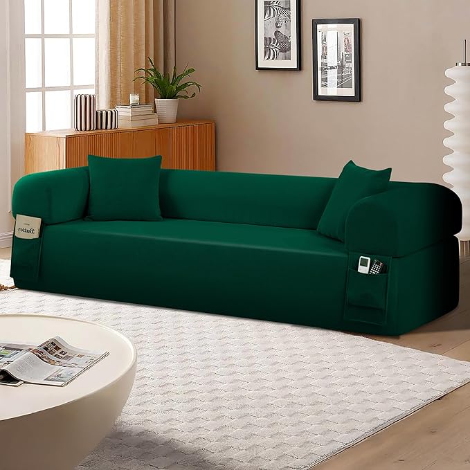 AC Pacific 3-Seater Sofa with Pillows &amp Storage – Low-Profile Hybrid Design Pocketed Springs &amp High-Density Foam Green Fabric Couch for Living Room Apartment Green