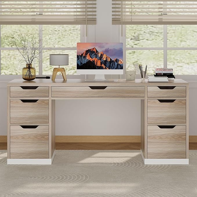 Computer Desk with Storage Drawers 54 Inch Executive Desk with 7 Drawers for Bedroom Office Desk with File Drawers for Work Study Writing Small Spaces White and Walnut