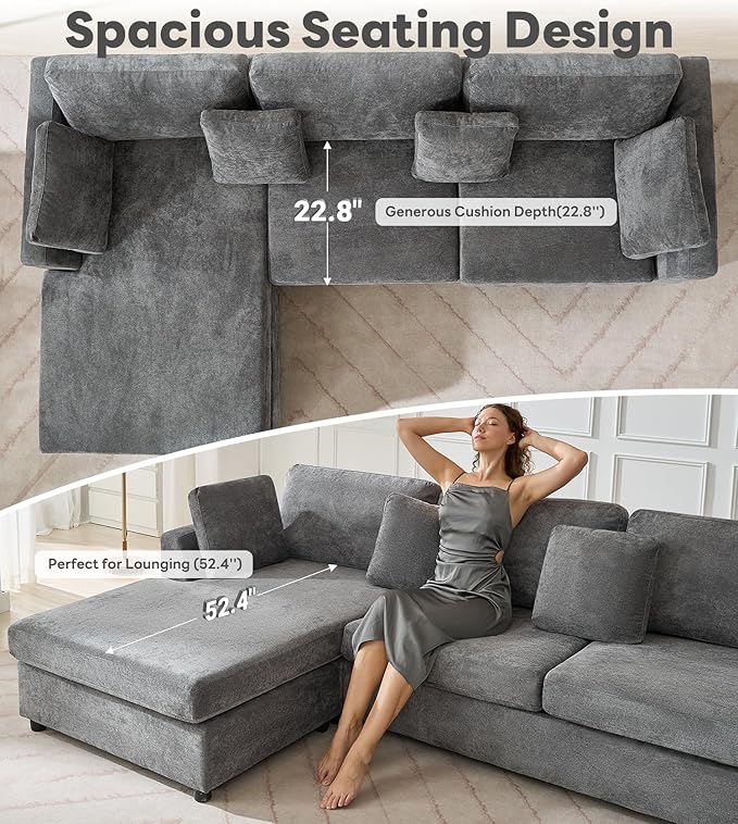 Tbfit L Shaped Couch Oversized 108 Modular Sectional Sofa with Convertible Chaise Comfy 4 Pillows Sofa for Living Room Gray